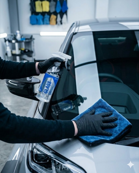 Spraying glass cleaner and wiping the windscreen with a microfibre towel