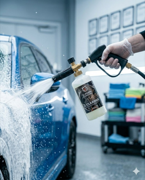 Foam cannon and pressure washer spraying snow foam on paint