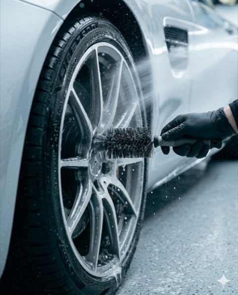 Cleaning an alloy wheel with a brush and spray