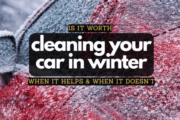 Dirty red car in winter